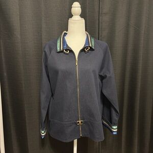 St. John Sport by Marie Gray Zip Front Jacket Navy Blue Striped Trim Size L
